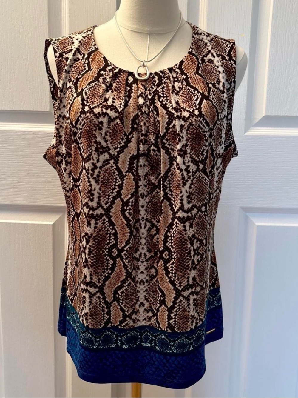 Calvin Klein Brown Snake Print Tank with Blue Hem